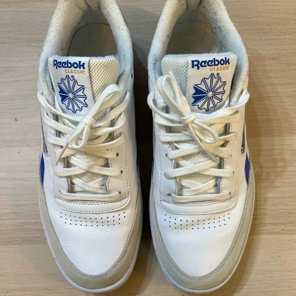 Reebok’s Retro Leather, White/Blue/Tan. Great casual shoes.